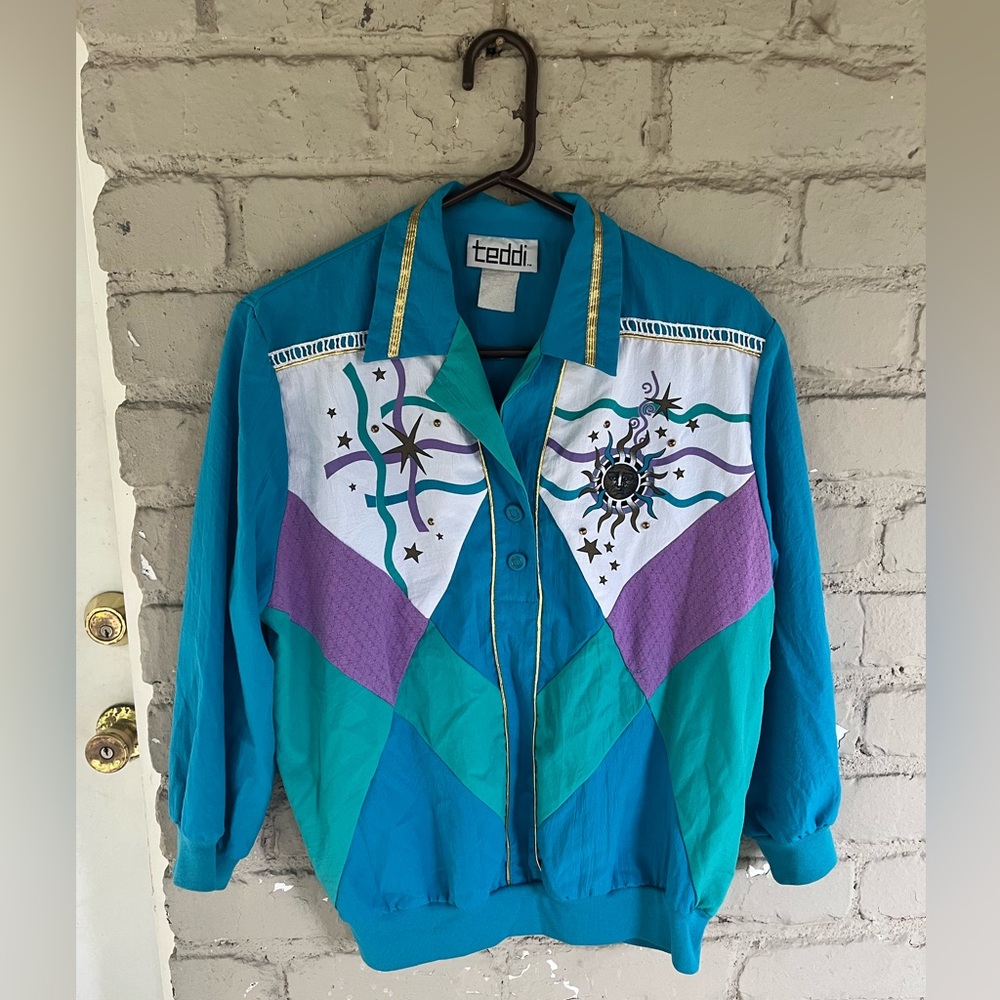 Teddi Teal & Purple Celestial 3/4 Button Up Collared Sweatshirt Jumper
